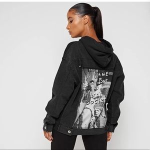 Black graphic denim panel hoodie